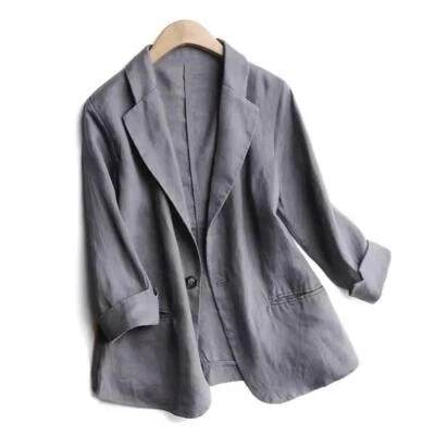 Women Blazer Lapel One Button Thin Coat Slim Casual Outwear Linen Cotton Suit - Image 1 of 4