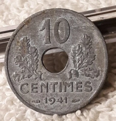 1941 WW2 French ,  10 Centimes Zinc Coin, German Controlled, WWII France  - Image 1 of 4