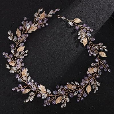  Diadema de vid de cristal rosa de novia, tocado de diamantes de imitación de hojas doradas,  Foto 1 de 4