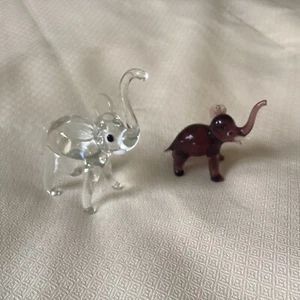 2 Glass Elephant Figurines Hand Blown Trunk Up Clear  & Burgundy Color - Picture 1 of 16