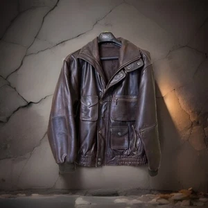 Vintage Brown Leather Flight Jacket 52 Multiple Pockets 1980s 26” 24” - Picture 1 of 15