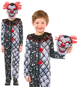 Monochrome Sinister Clown Costume Kids Halloween Scary Clown Fancy Dress - Picture 1 of 6