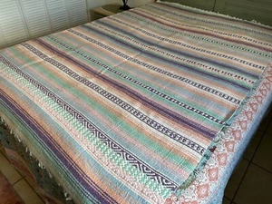 Vintage Throw Blanket Southwestern Pastel Striped Tapestry Weave Fringe Cottage - Picture 1 of 6