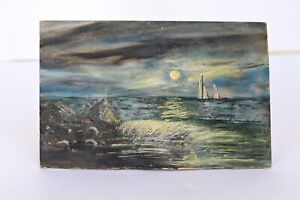 Antique Painting Water Color Sailboat Storm At Sea Hand Painted Evening Sunlight
