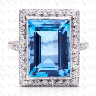 6.70carat Emerald Cut Natural Topaz Gemstones Diamond Ring 18K White Gold Plated - Image 1 of 4