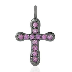 Cross Charm Sterling Silver Pink Sapphire Religious Jewelry Making Finding - Picture 1 of 7