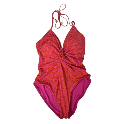 Trina Turk Trellis Twist One Piece 泳装粉色橙色吊带领带女式 6 — 第 1/4 张图片