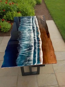 60"x30" Ocean Wave Epoxy Resin Dining Table Natural Acacia Wooden Kitchen Decors - Picture 1 of 5