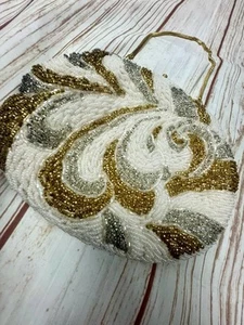 La Regale Vintage Flapper Beaded Ivory Gold Silver Evening Round Clutch Hand Bag - Picture 1 of 11