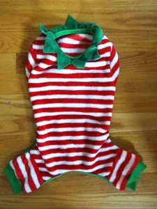 DOG PUPPY OUTFIT PAJAMA SZ MEDIUM ELF CHRISTMAS RED WH GREEN STRIPE FLEECE VGUC - Picture 1 of 6