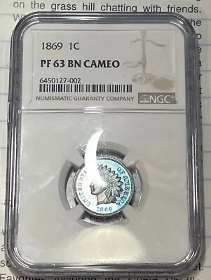 * 1869-P * INDIAN HEAD CENT PROOF PCGS PF-63 BN CAMEO BEAUTIFULLY TONED PIECE - Image 1 of 2