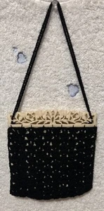 Vtg Small Crocheted Purse Ornate Plastic Celluloid Floral Frame Evening Handbag - Picture 1 of 6