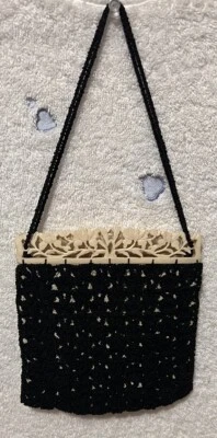 Vtg Small Crocheted Purse Ornate Plastic Celluloid Floral Frame Evening Handbag - Image 1 of 4