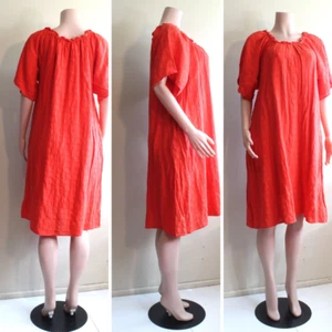 Mom House Dress Roolee L Orange Cotton Ramie 1/2 Bell Sleeve Elastic Neck Knee - Picture 1 of 8