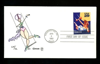 US FDC #2752 S2S Steve Wilson Cachet 64/72 Circus Trapeze artist swing 4/6/1993  - Image 1 of 2