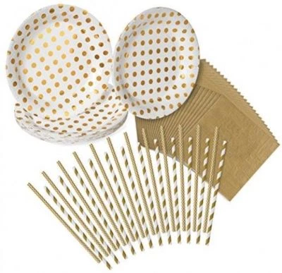  Pack Fiesta Lunares Dorados, Patrón Chevron y Rayas - Juego de 24 Platos de Papel  Foto 1 de 4