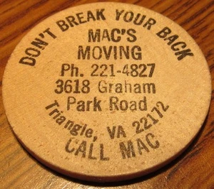 Vintage Mac's Moving Triangle, VA Wooden Nickel - Token Virginia - Bild 1 von 2