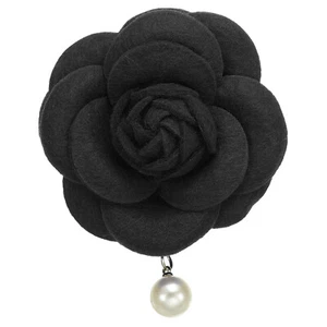Camellia Flower Brooches Fabric Artificial Pearl Floral Pins for Women Black - Picture 1 of 7