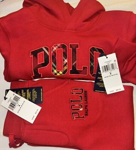 Polo Ralph Lauren Plaid-Logo Fleece Hoodie + Pants SET Size 4 Red NWT FREE SHIP - Picture 1 of 10