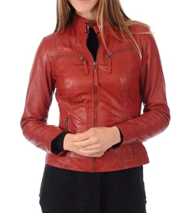 Women's Motorcycle Genuine Lambskin Leather Red Biker Jacket Slim Fit Coat - Picture 1 of 4