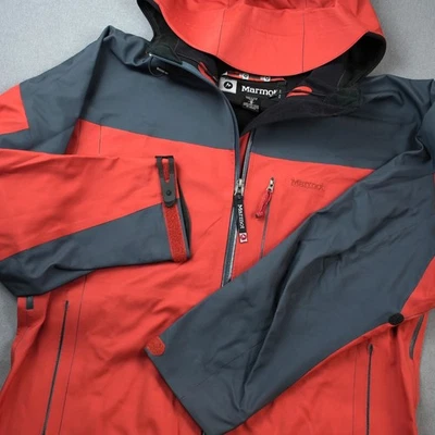 Marmot 软壳性能连帽雨衣红色灰色全拉链户外男式 M — 第 1/4 张图片