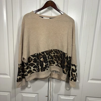 Gilli Women’s 3X Colorblock Animal Print Knit Sweater Beige Brown Leopard Boho - Image 1 of 4