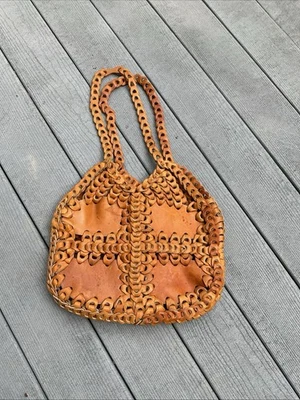 Vintage 70s Chain Link Leather Bag, Brown Loop Tote Shoulder Bag Boho Hippie - Image 1 of 4