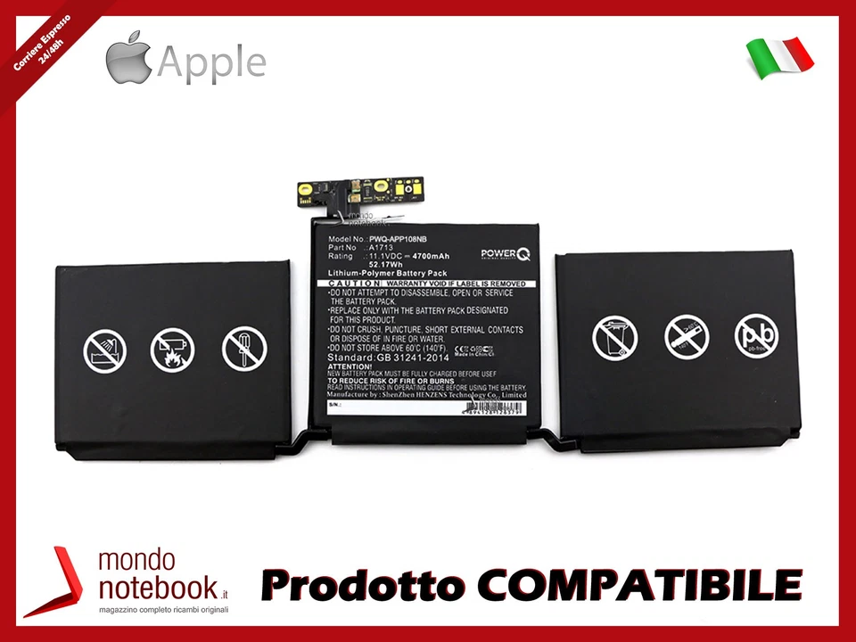 POWERQ Batteria A1713 per Apple MacBook Pro 13" A1708 2016 2017 11.4V 54.5W