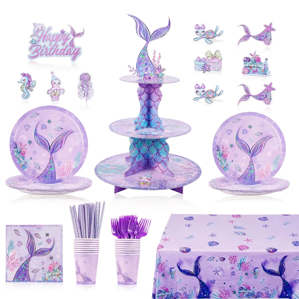 124 Pcs Mermaid Party Supplies – 3-Tier Cupcake Stand, 9" Plates, 7" Dessert ... Foto 1 de 4
