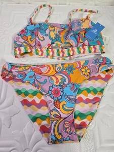Cupshe Bikini Set NWT Beach Boho Wavey Floral Strappy V Neck Top & Cut Out Sz M - Picture 1 of 16