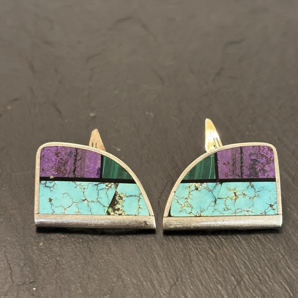 Jimmy Poyer Navajo Vintage Flush Inlay Cufflinks Sterling Silver Charoite B5 - Image 1 of 4