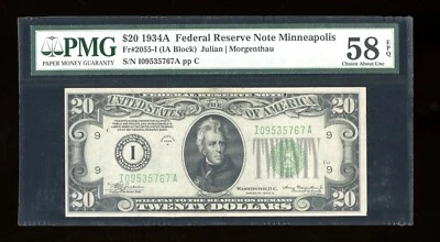 DBR 1934-A $20 FRN Minneapolis Fr. 2055-I PMG 58 EPQ Serial I09535767A - Image 1 of 2