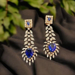 6.08 TCW Round Brilliant Natural Diamonds Blue Sapphire Dangle Earrings 14K Gold - Picture 1 of 12