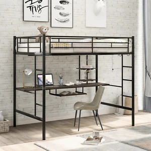 Full Size Loft Bed Metal Bed Frame with Desk & Storage Shelves & 2 Ladders Black - Picture 1 of 11