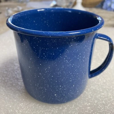 Enamel Ware Blue White Speckled Enamelware Metal Cowboy Coffee Mug 4" Tin Cup - Image 1 of 4
