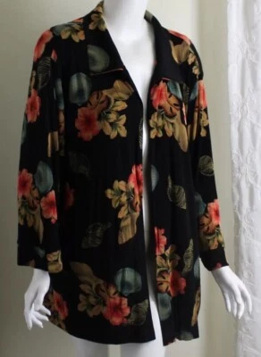 Vikki VI Sz 3X Black Tropical Art-to-Wear Open Shell Floral Jacket Slinky Fiber  - Image 1 of 4