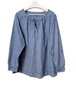 Lands End Chambray V-Neck Peasant Top Blouse Women *3X Blue Roll Tab Balloon SL - Picture 1 of 9