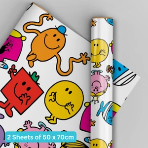Papel de envolver cumpleaños | Mr Men & Little Miss | 2 hojas y 2 etiquetas | Envoltura de regalo - Imagen 1 de 4