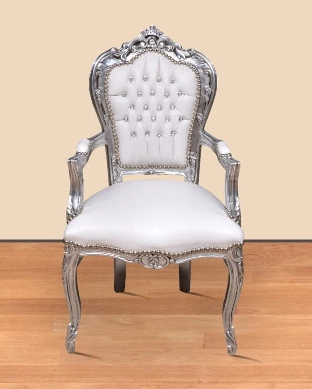 Poltrona in stile barocco foglia argento braccioli rivestimento eco-pelle bianca - Immagine 1 di 2
