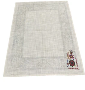Vintage 100 % beige Leinen und handbemalt Blumen Akzent Tischdecke Stoff 50x62 - Bild 1 von 6