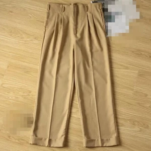 Wool Blend Pants Men's Straight Pants Suit Pants Vintage Casual Trousers Khaki - Picture 1 of 11