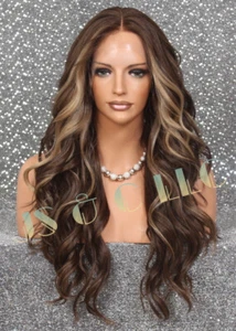 Human Hair Blend Long Lace Front Wig Wavy Heat OK Brown Blonde Mixed RSAM - Picture 1 of 7