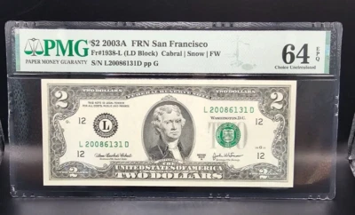 $2 2003A FRN San Francisco Fr#1938-L (Less Common - LD Block) PMG 64 EPQ! - Image 1 of 2
