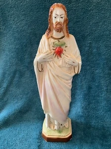 Vintage Chalkware Chalkware Statue Sacred Heart of Jesus Christianity 12.5” #FF - Picture 1 of 22