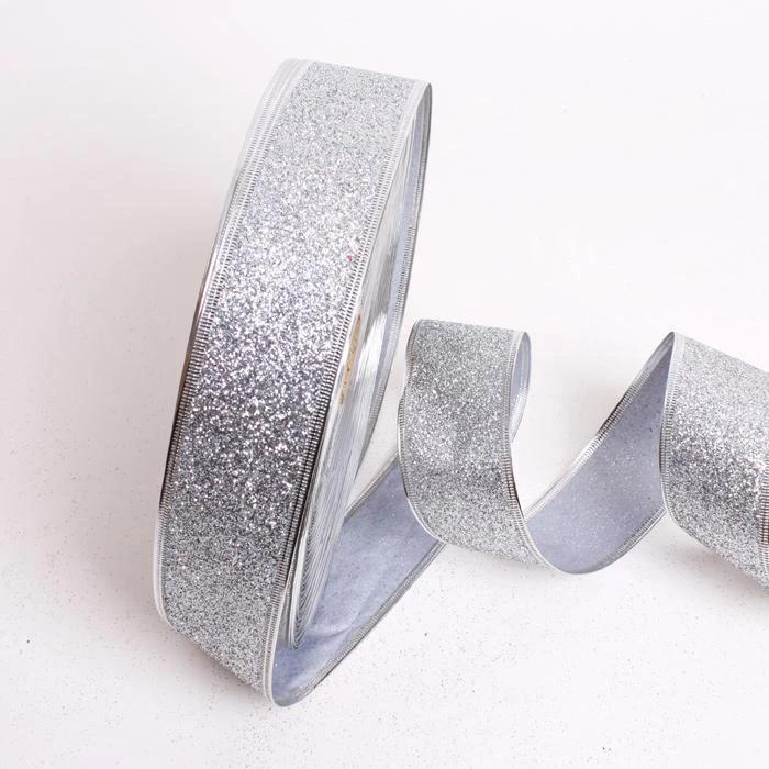 GLITTER RIBBON wired trim Christmas decoration *5cm (2") wide * 1m & more SILVER - Imagem 1 de 1