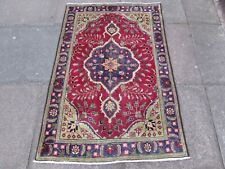 Vintage Worn Hand Made Traditional Oriental Wool Red Green Small Rug 138x92cm