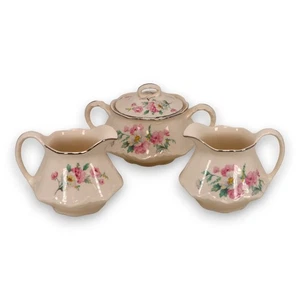 Homer Laughlin R3543 3pc Creamer Sugar Bowl Set Roses Platinum Trim USA 1930's - Picture 1 of 3