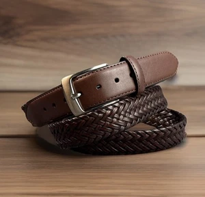 Cinturón trenzado tejido de cuero genuino para hombre marrón rico 48 (46-50") x 1 1/4" plateado - Imagen 1 de 12