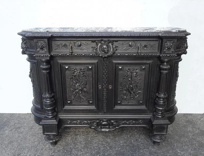 Antiguo aparador francés renacentista barroco ebonizado mármol buffet Francia 2 de 2 Foto 1 de 4