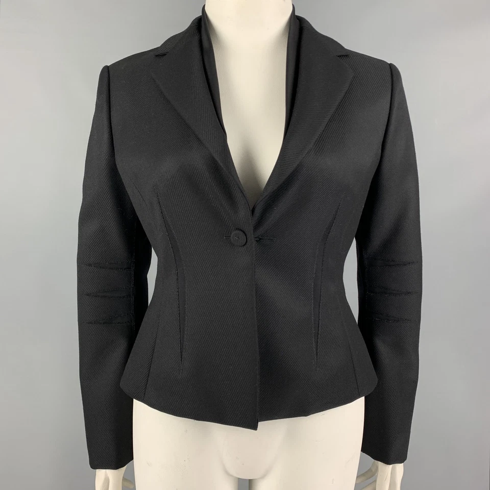 BRIONI Size 10 Black Wool Notch Lapel Cropped Jacket Blazer - Image 1 of 4